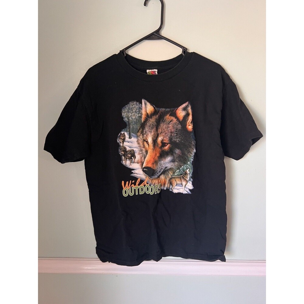 Vtg Wolf Nature T-Shirt Adult‎ Large Graphic Print Tee Black Wild Outdoors Y2k